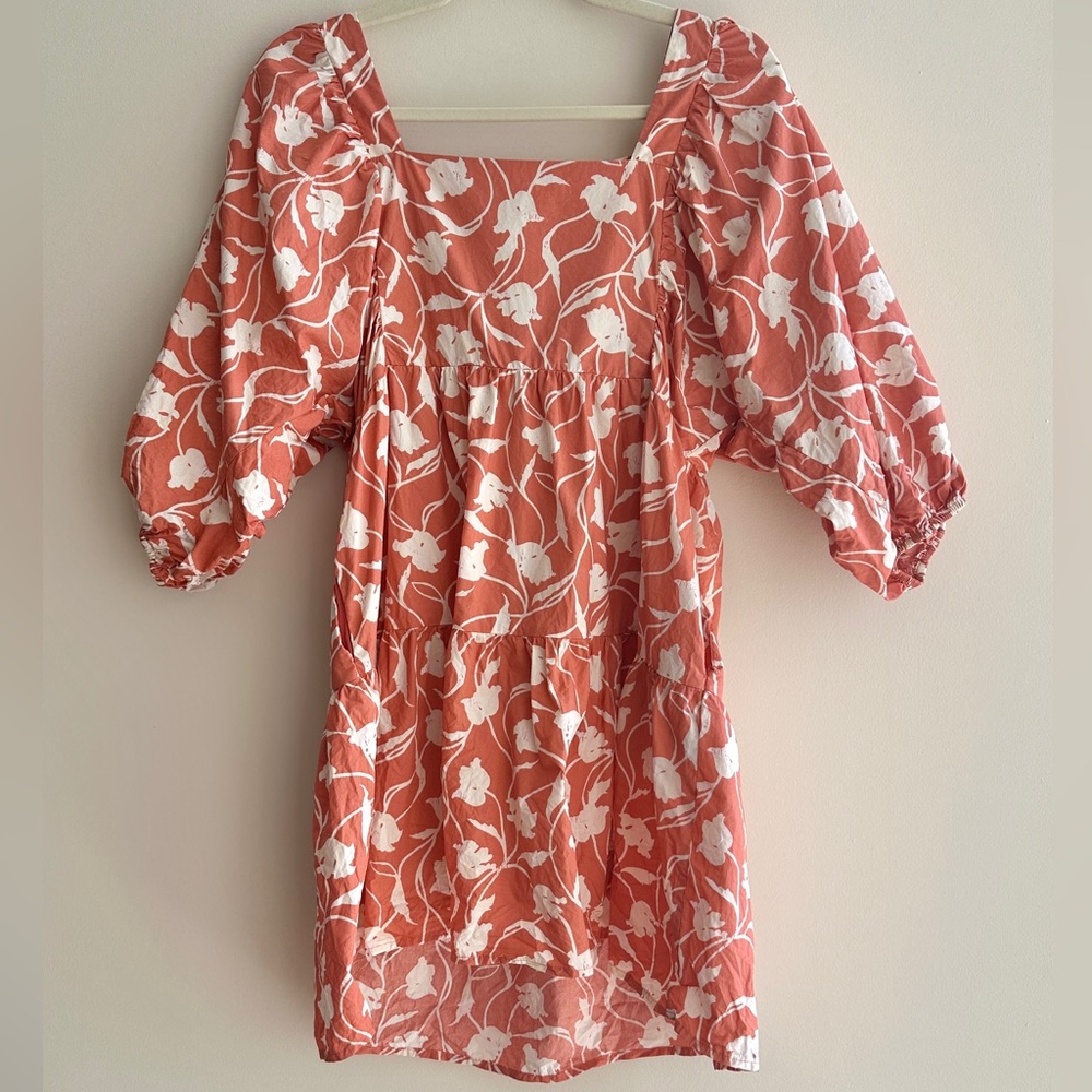 a new day Peach and White Floral Mini Puff Sleeve Dress, Size Small